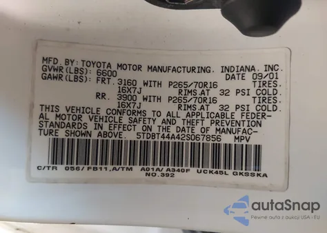 2002 Toyota Sequoia Sr5 V8 z USA, uszkodzony, nr VIN 5TDBT44A42S067856